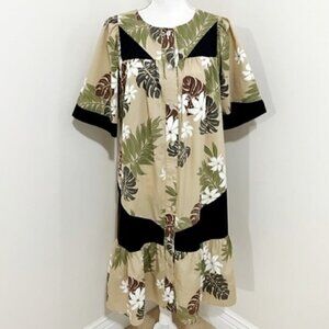 Vintage Hapua Hawaii Midi Dress Muumuu Tan Floral Button Up